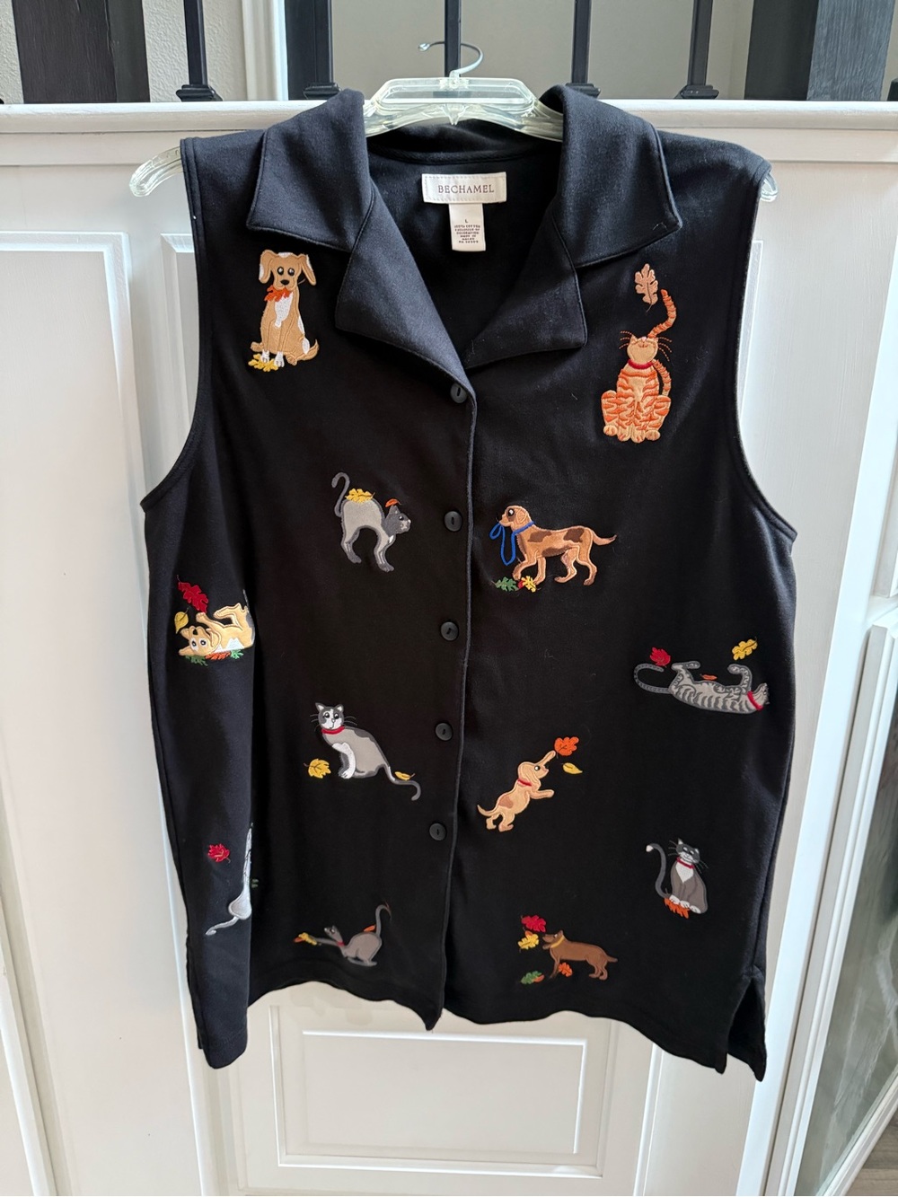 Bechamel Black Sleeveless Button-Front Vest with Embroidered Cats & Dogs